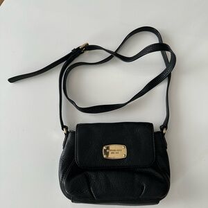 Michael Kors Black Leather Crossbody with Gold Plaque